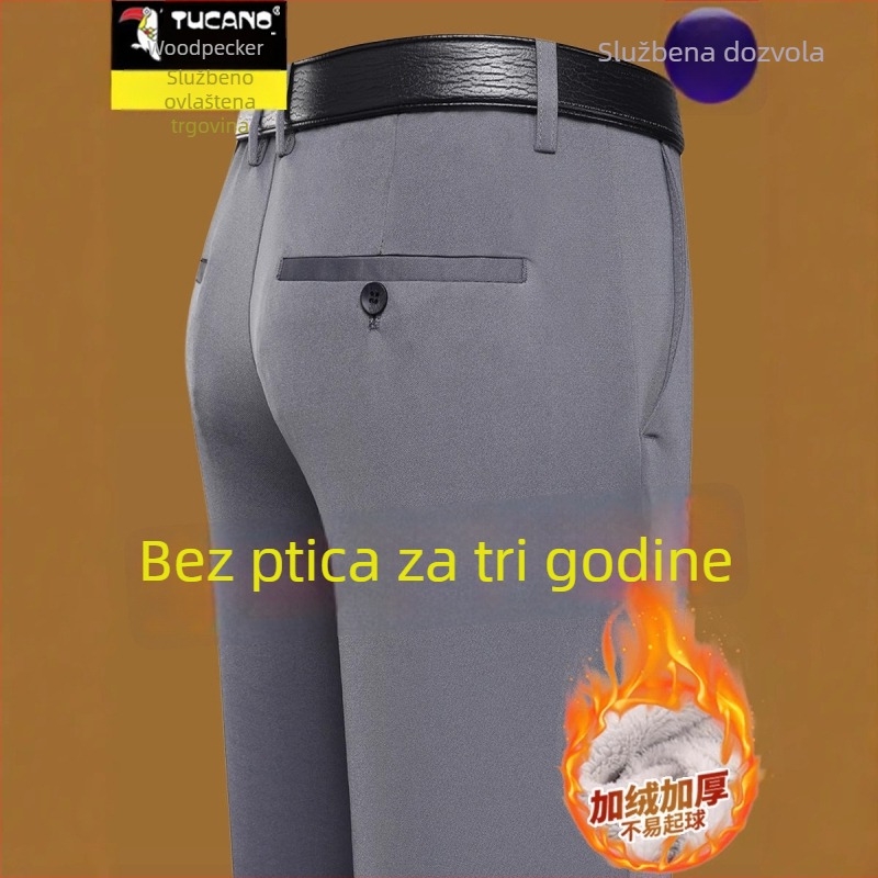 Muške casual hlače s ravnim krojem, fleece podstava, bambusovo vlakno s poliestrom, debeli za jesen-zimu, visoka elastičnost
