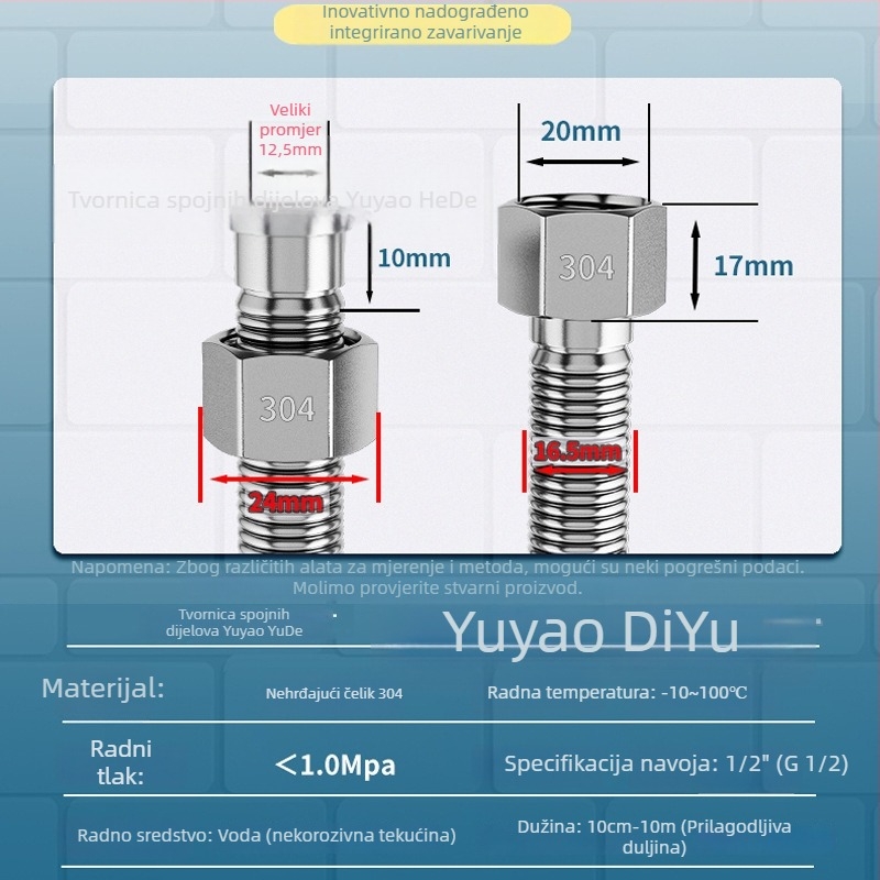 Inlet cijev od nehrđajućeg čelika 304 za WC bojler, navoj, 1.0 MPa, 100°C