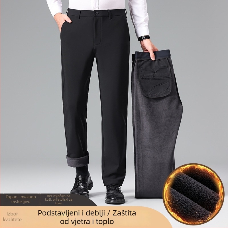 Muške hlače ravnog kroja s flis podstavom, poslovni casual stil, srednji pojas, zatvarač, mješavina poliestera i pamuka