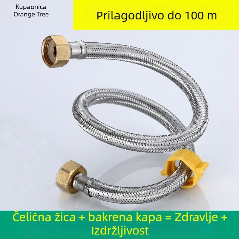 Nehrđajući čelični opleteni vodovodni crijevo - model 4157, materijal: nehrđajući čelik i bakar, nominalni tlak 1.6 Pa, radna temperatura 0–70 °C, instalacija ručno okretanje