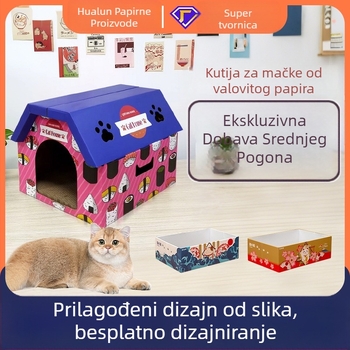 Mačja kućica od kartona sa grebalicom, kućica u stilu vile, prostrana unutrašnjost, pogodna za sve sezone