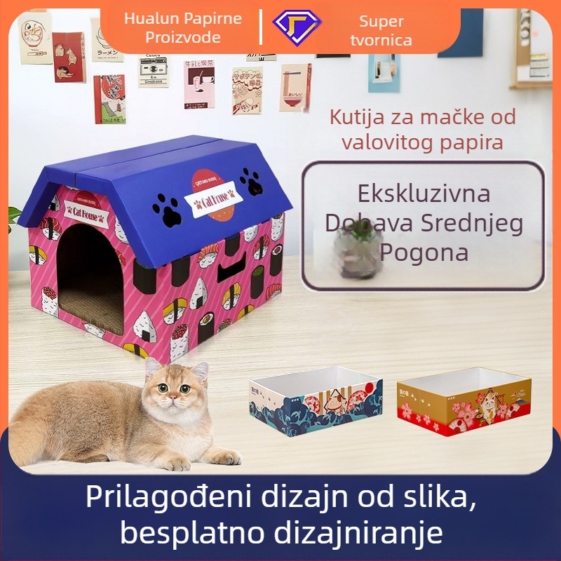 Mačja kućica od kartona sa grebalicom, kućica u stilu vile, prostrana unutrašnjost, pogodna za sve sezone