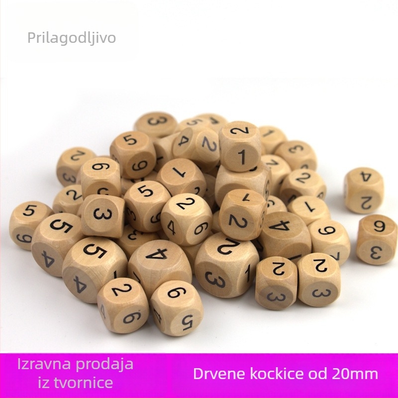 Drvene kockice s zaobljenim kutovima, šesterostrane i s brojevima 1–6