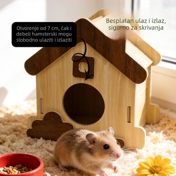 Drvena kućica za hrčka – crtani stil, kvadratni oblik, za unutarnju upotrebu, odmor i skrivanje