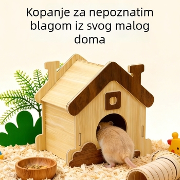 Drvena kućica za hrčka – crtani stil, kvadratni oblik, za unutarnju upotrebu, odmor i skrivanje