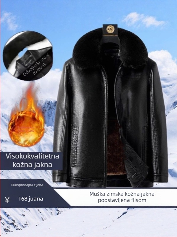 PU kožna jakna s umjetnim krznom — prednji zatvarač, rever ovratnik, bez kapulje, za muškarce srednje i starije dobi