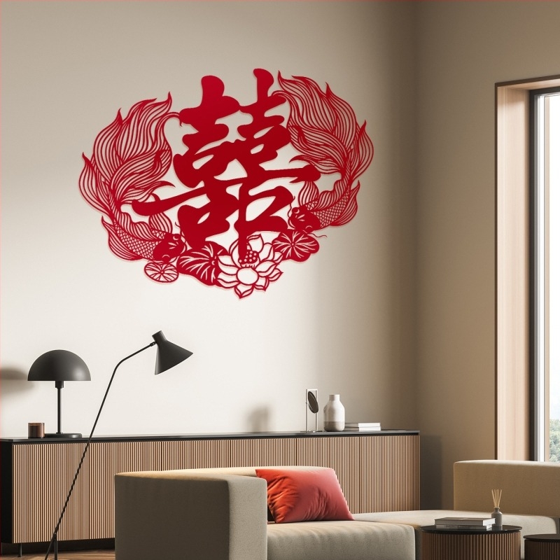 Vjenčana naljepnica za vrata – Simbol sreće (Double Happiness) i koi riba, netkani materijal, montaža bez bušenja, za dnevni boravak i spavaću sobu