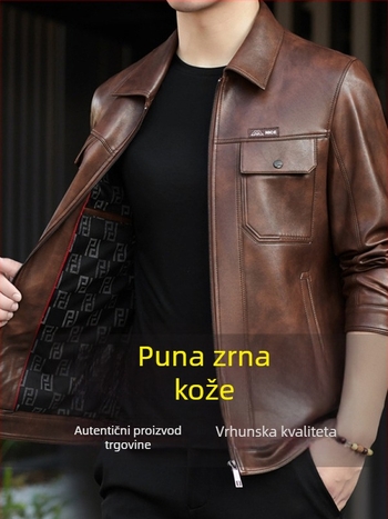Muška kožna jakna od prave kože, ovratnik tip Turn-Down, podstavljena fleece, zatvaranje zipom, jedinstven dizajn