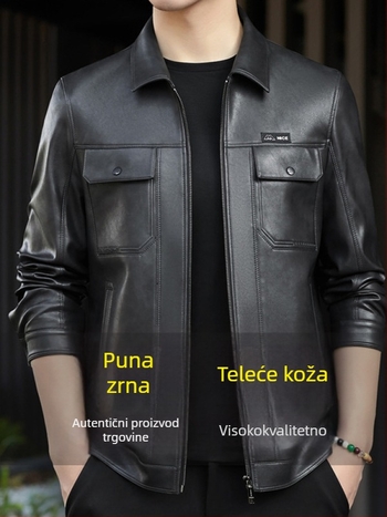 Muška kožna jakna od prave kože, ovratnik tip Turn-Down, podstavljena fleece, zatvaranje zipom, jedinstven dizajn