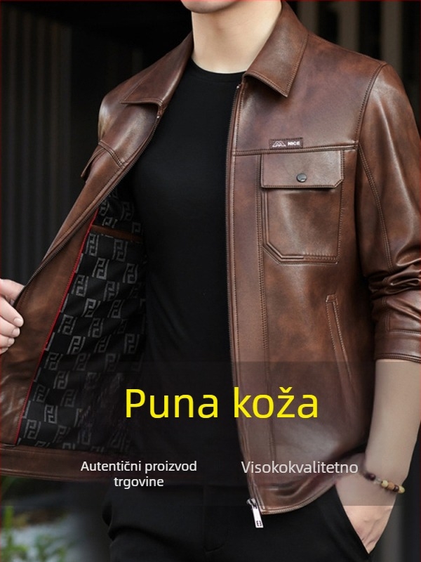 Muška kožna jakna od prave kože, ovratnik tip Turn-Down, podstavljena fleece, zatvaranje zipom, jedinstven dizajn