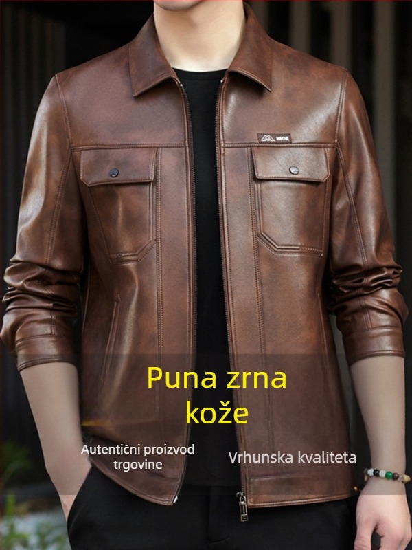 Muška kožna jakna od prave kože, ovratnik tip Turn-Down, podstavljena fleece, zatvaranje zipom, jedinstven dizajn