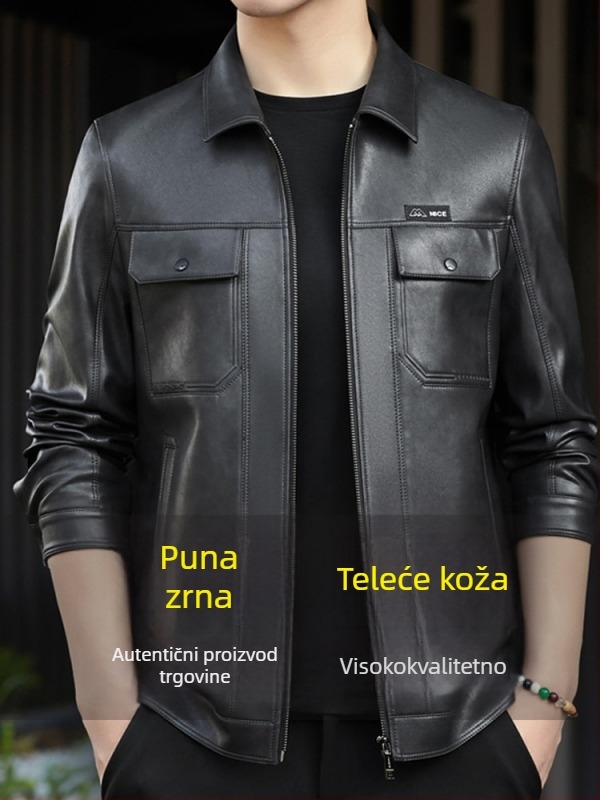 Muška kožna jakna od prave kože, ovratnik tip Turn-Down, podstavljena fleece, zatvaranje zipom, jedinstven dizajn