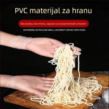 Jednokratne PVC rukavice, prehrambene kvalitete, prozirne, debljine 0,05–0,1 mm, otporne na prašinu.