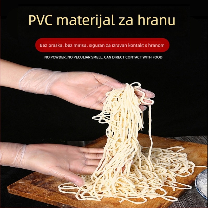 Jednokratne PVC rukavice, prehrambene kvalitete, prozirne, debljine 0,05–0,1 mm, otporne na prašinu.