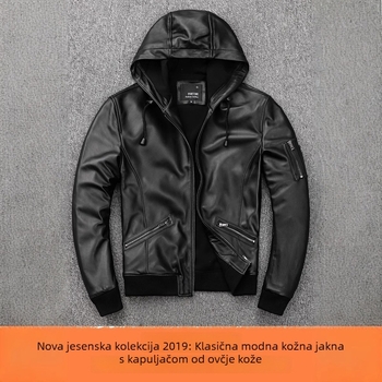 Muška kožna jakna od prave ovčje kože - korejskog stila, kapuljača, stojeći ovratnik, zatvarač