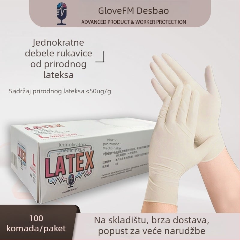 Desbao L65 jednokratne debele rukavice od prirodnog lateksa, visoka elastičnost, bez praška, prehrambene klase, u kutiji, 100 komada po kutiji