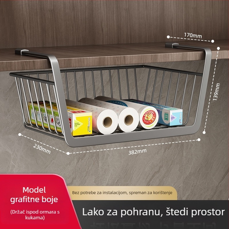 Držač kuhinjske papirne role bez bušenja za ormarić — drži papir, foliju i vrećice; izrađen od karbonskog čelika; skandinavski stil.