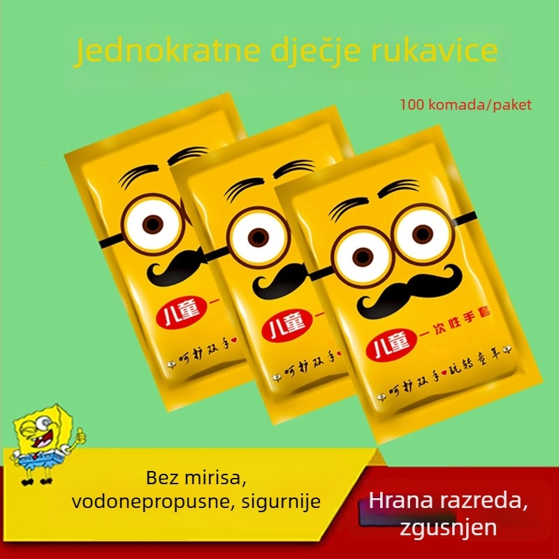 Dječje jednokratne rukavice od plastike, prozirne, 0,8 mm debljine, s otiskom logotipa, mogućnost prilagodbe