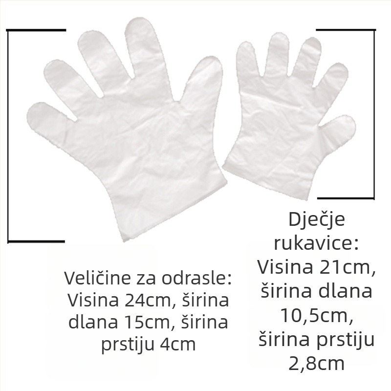 Dječje jednokratne rukavice od plastike, prozirne, 0,8 mm debljine, s otiskom logotipa, mogućnost prilagodbe