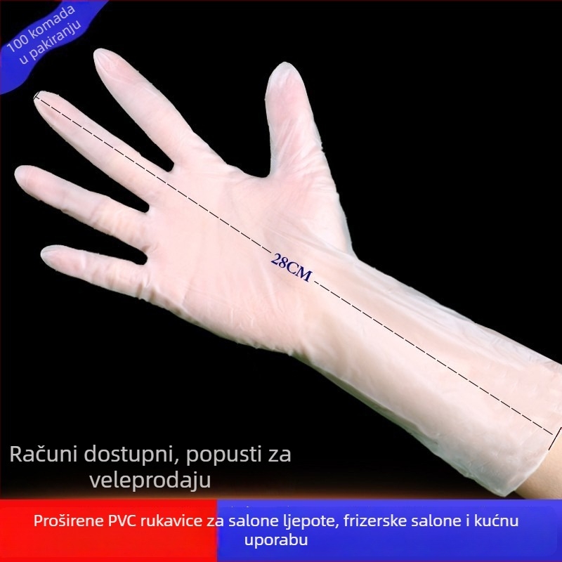 Jednokratne PVC rukavice, produžene, duljina 28 cm, debljina 0,053 mm, 100 komada u kutiji, za ljepotu i frizerske salone