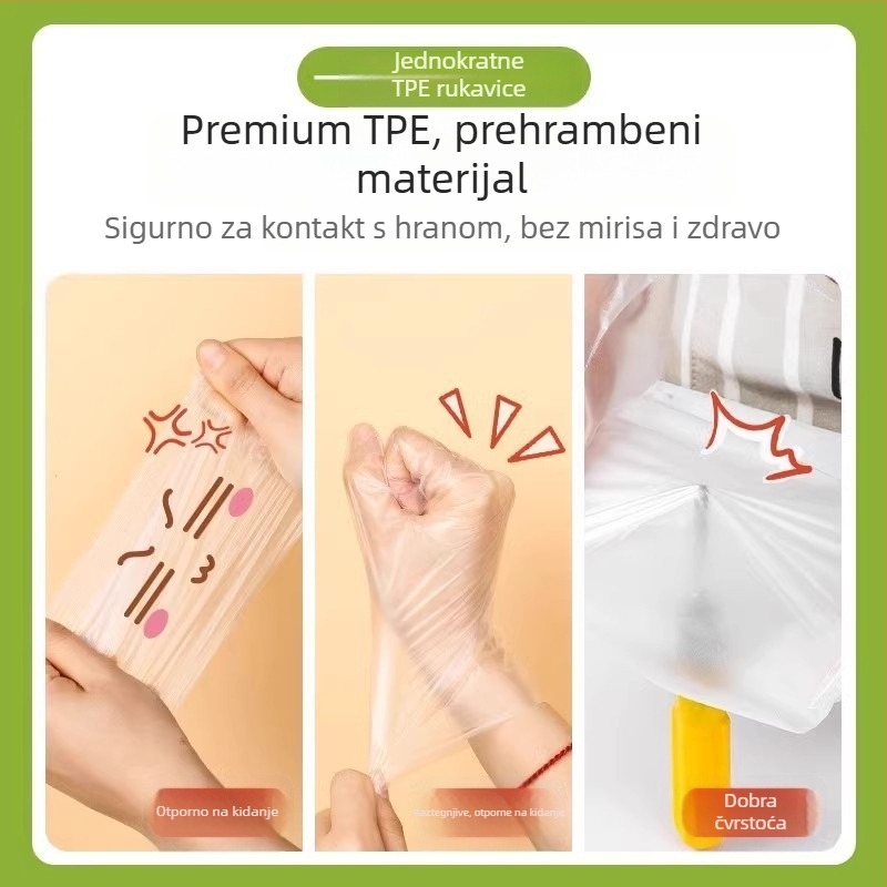 Jednokratne TPE rukavice, prehrambeni plast, debljina 0.05-0.1 mm, prozirne, rok trajanja 1 godina, kutija 120 komada