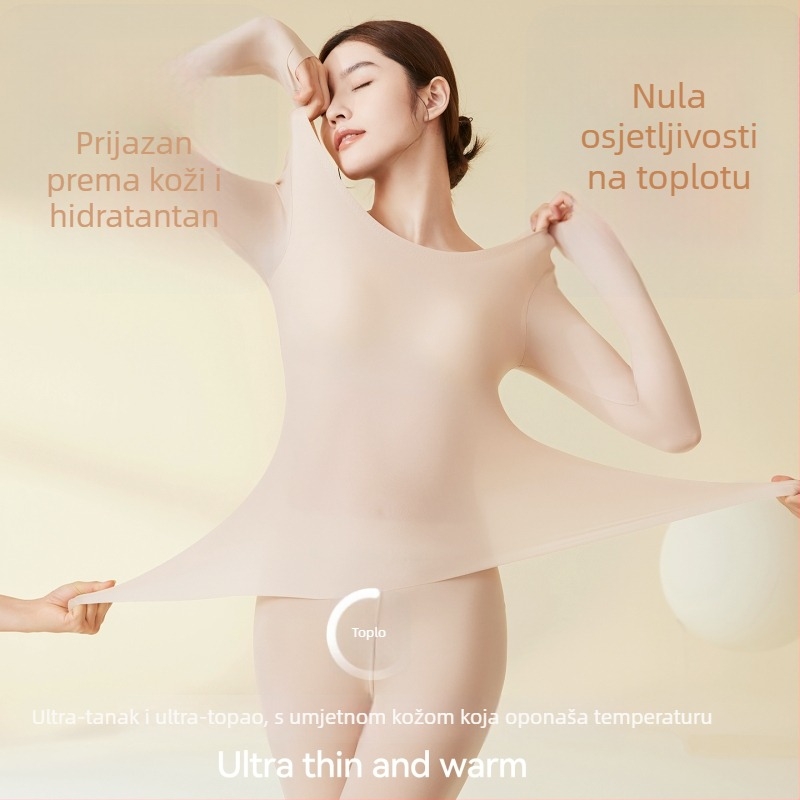 Ženski osnovni termalni set od najlona, s gornjim dijelom s dugim rukavima i hlače, tanko tkivo, U-dekolte
