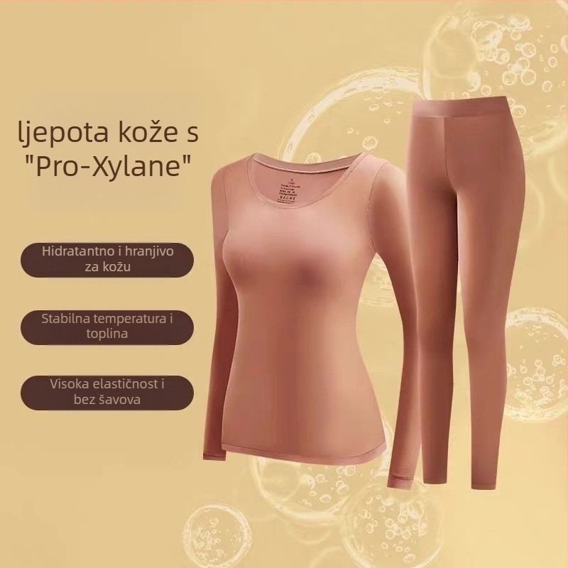Ženski osnovni termalni set od najlona, s gornjim dijelom s dugim rukavima i hlače, tanko tkivo, U-dekolte