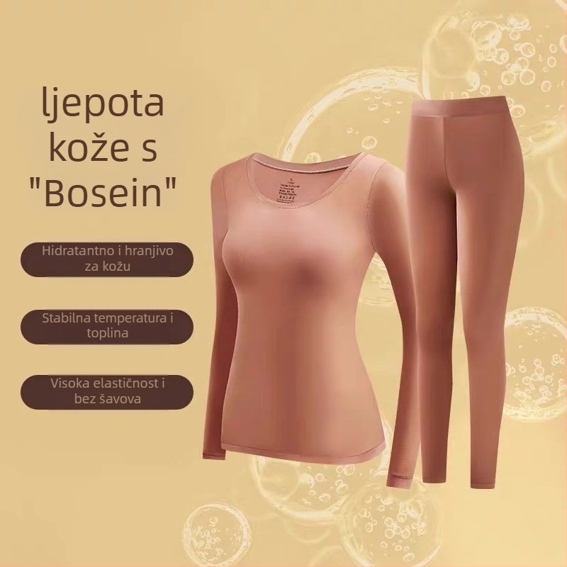 Ženski osnovni termalni set od najlona, s gornjim dijelom s dugim rukavima i hlače, tanko tkivo, U-dekolte