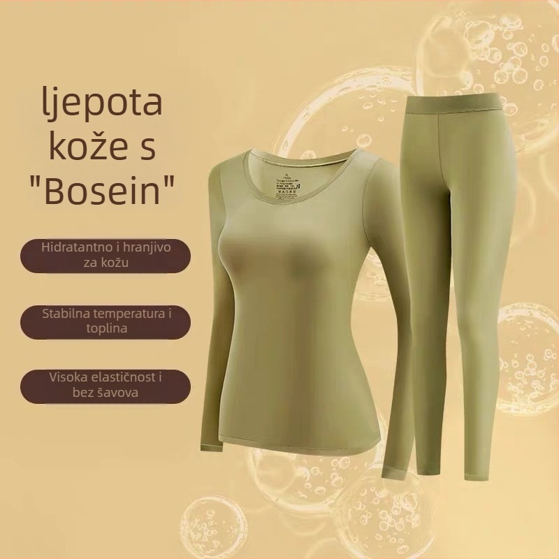 Ženski osnovni termalni set od najlona, s gornjim dijelom s dugim rukavima i hlače, tanko tkivo, U-dekolte