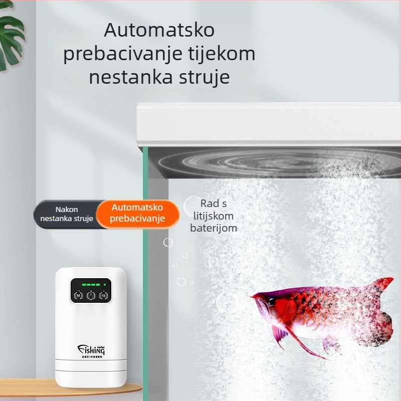 Pumpe za kisik za vanjsku ribolov – punjiva, prijenosna, vodootporna, dvostruke namjene; DC napajanje, težina 270–510 g, buka 30 dB