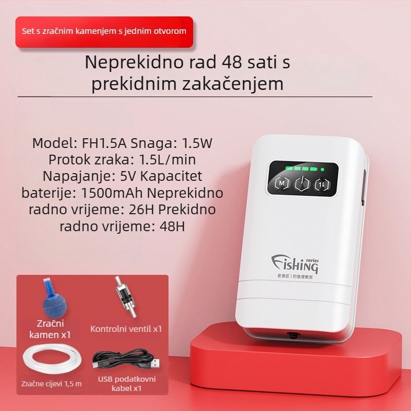 Pumpe za kisik za vanjsku ribolov – punjiva, prijenosna, vodootporna, dvostruke namjene; DC napajanje, težina 270–510 g, buka 30 dB