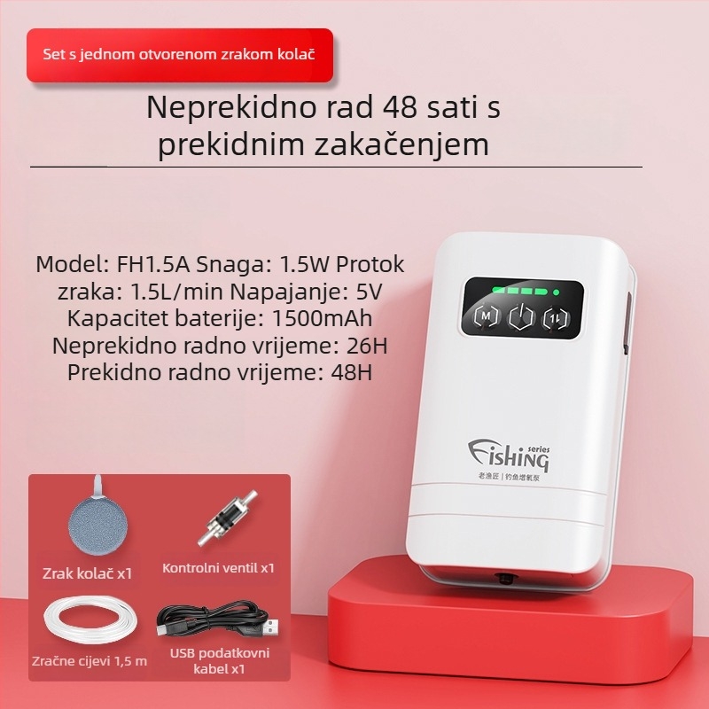 Pumpe za kisik za vanjsku ribolov – punjiva, prijenosna, vodootporna, dvostruke namjene; DC napajanje, težina 270–510 g, buka 30 dB
