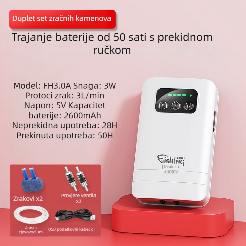 Pumpe za kisik za vanjsku ribolov – punjiva, prijenosna, vodootporna, dvostruke namjene; DC napajanje, težina 270–510 g, buka 30 dB