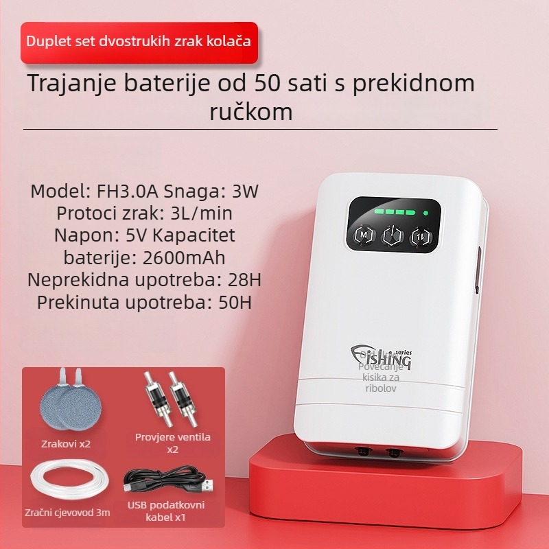 Pumpe za kisik za vanjsku ribolov – punjiva, prijenosna, vodootporna, dvostruke namjene; DC napajanje, težina 270–510 g, buka 30 dB