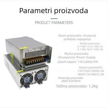 Industrijsko prekidno napajanje 1500W, DC izlazi 24/36/48V, IP23, 90% učinkovitost, masa 1,8 kg, LED monitoriranje