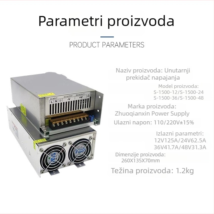 Industrijsko prekidno napajanje 1500W, DC izlazi 24/36/48V, IP23, 90% učinkovitost, masa 1,8 kg, LED monitoriranje