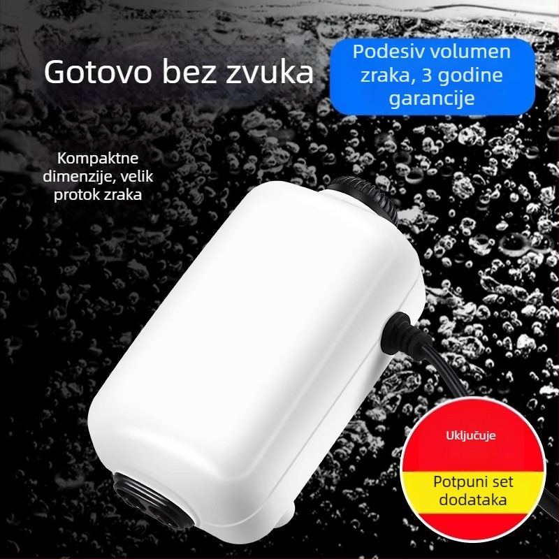 Mala akvarijska pumpa za kisik, ultra tiha, podesiv protok zraka, motor s bakrenim jezgrom, integrirana zračna komora, kamen za mjehuriće uključen