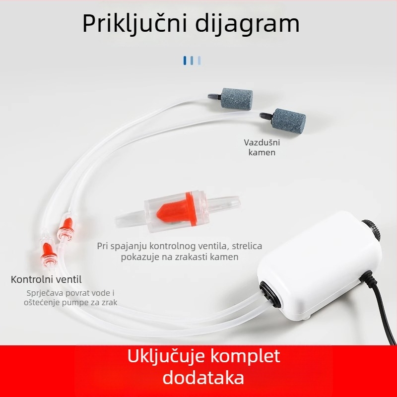 Mala akvarijska pumpa za kisik, ultra tiha, podesiv protok zraka, motor s bakrenim jezgrom, integrirana zračna komora, kamen za mjehuriće uključen