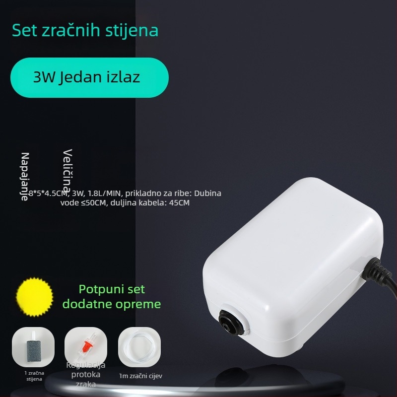 Mala akvarijska pumpa za kisik, ultra tiha, podesiv protok zraka, motor s bakrenim jezgrom, integrirana zračna komora, kamen za mjehuriće uključen