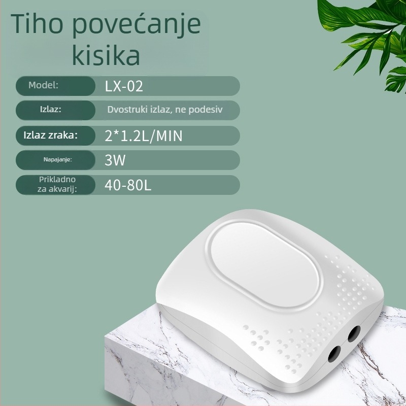 Mala akvarijska pumpa za kisik, ultra tiha, podesiv protok zraka, motor s bakrenim jezgrom, integrirana zračna komora, kamen za mjehuriće uključen