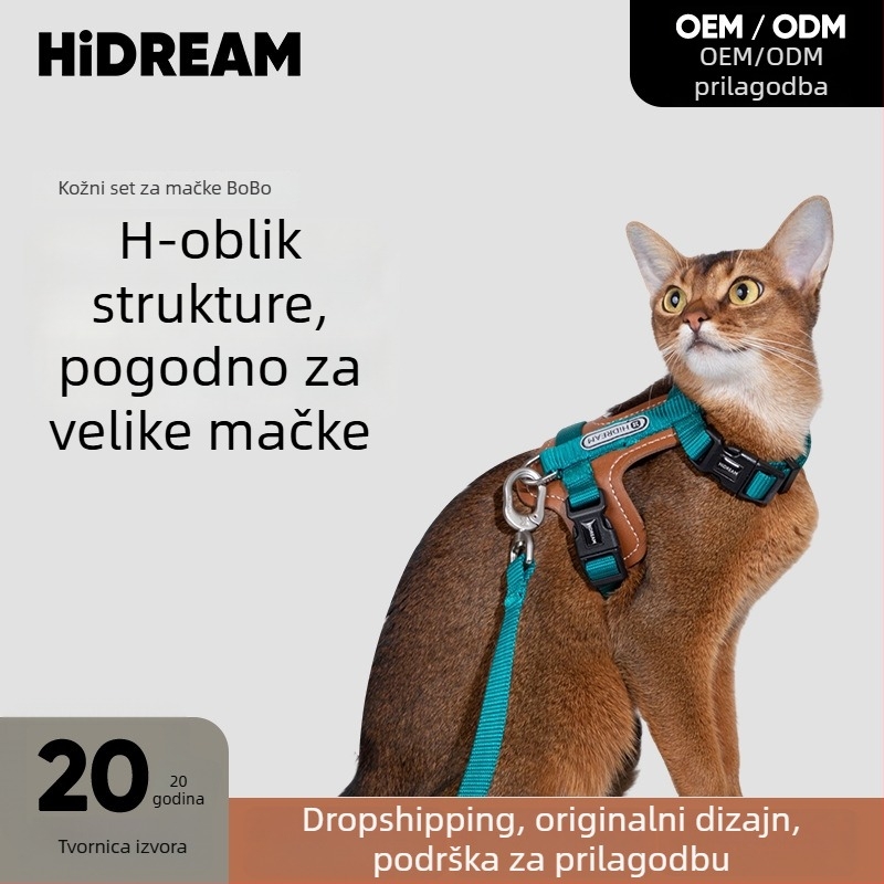 HiDREAM Set za mačku: prsni i leđni harnes i uže, prilagodljiv, proširiv, I-oblik dizajn veste, koža i najlon
