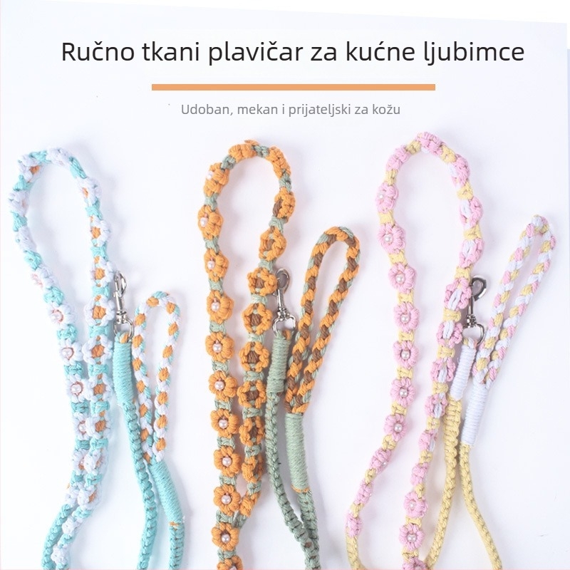 Ručno tkan povodac za mačke s cvjetnim uzorkom i perlastim detaljima, pamuk konac, podesiv