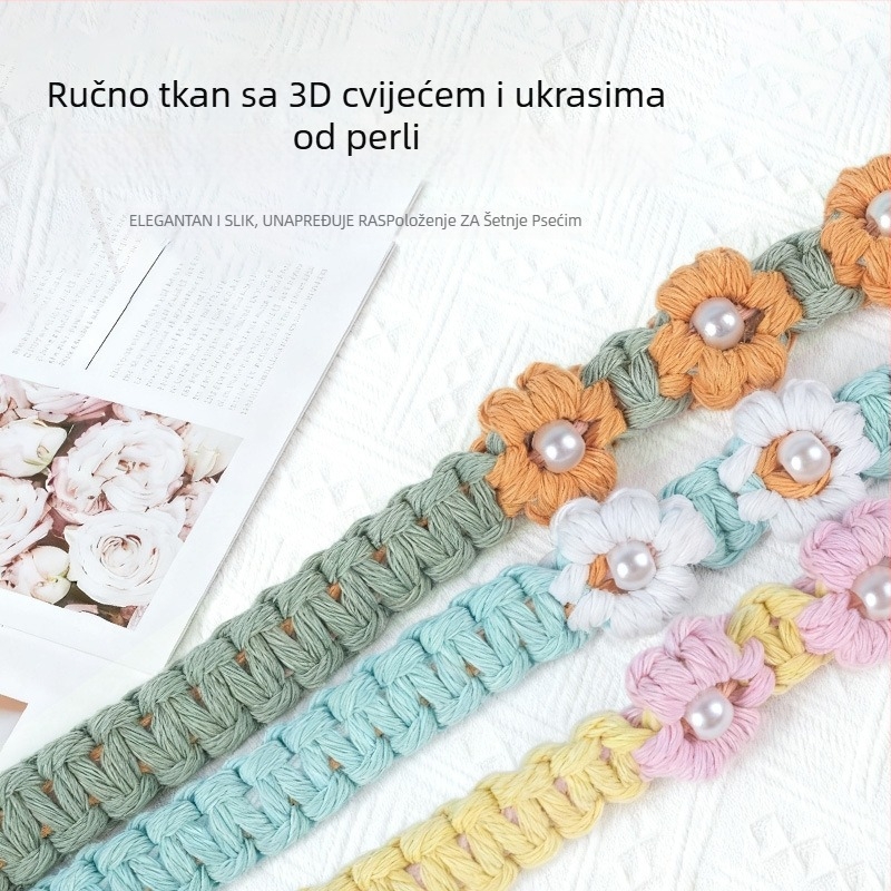 Ručno tkan povodac za mačke s cvjetnim uzorkom i perlastim detaljima, pamuk konac, podesiv