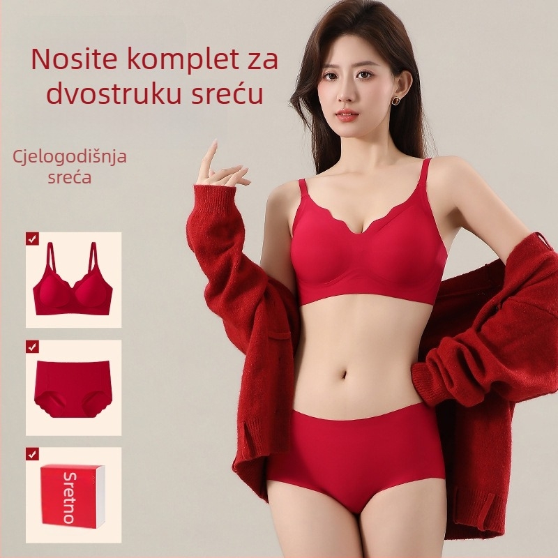Crveni bešivni grudnjak u setu, košarice 3/4, tanak oblikovan kalup, odvojive dvostruke naramenice, stražnje kopčanje s četiri reda, prozračan i udoban