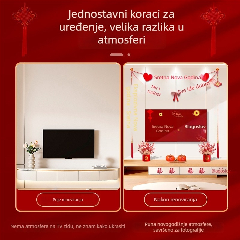Novogodišnje ukrase 2026. Godina Konja – dekor dnevnog boravka, pozadina za televizor s dvostrukim natpisima za Proljetni festival
