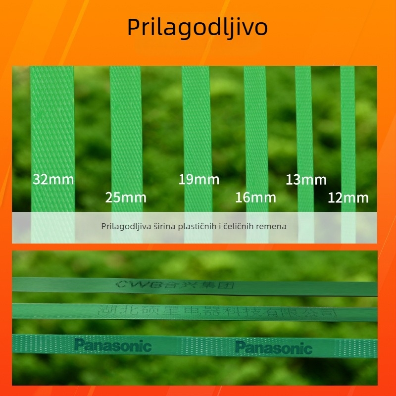 PET plastično-čelična traka za pakiranje, debljina 0,6–1,0 mm, napetost 420 kg, težina role 5–20 kg, topljiva traka za pakiranje