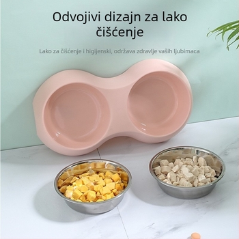 Set dvostrukih zdjela za kućne ljubimce – zdjele od nehrđajućeg čelika s PP okvirom, ovalni oblik, uzorak bivolje kože, za pse i mačke