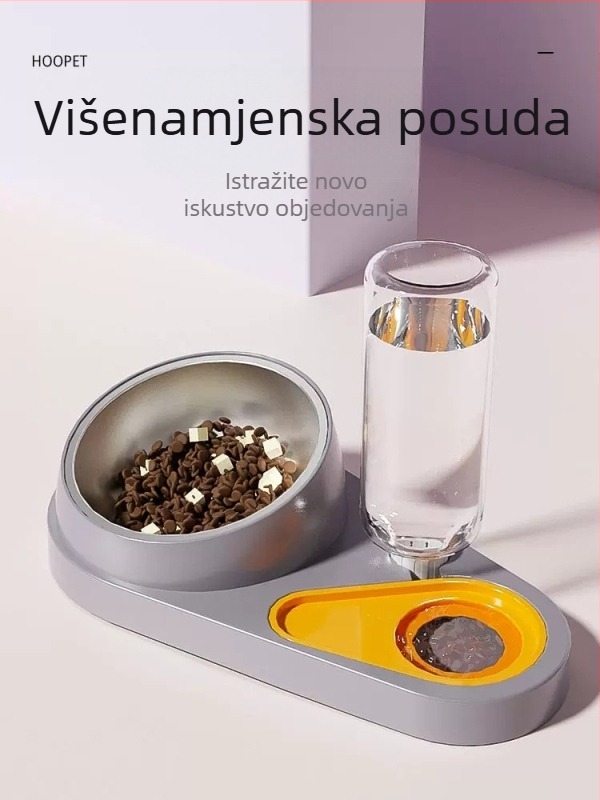 Dvostruka zdjelica za mačke – zdjela za hranu i vodu s nagnutim rubom, zaštita od prevrtanja, materijali: PP, PET, nehrđajući čelik