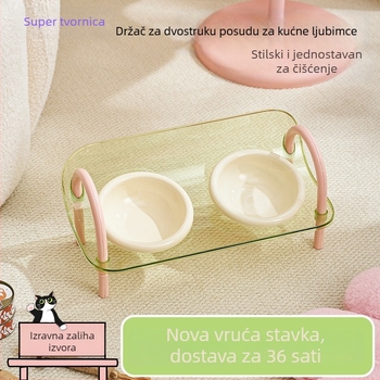 Stalak za posude za mačke s dvostrukim zdjelama, podrška vrata, protiv prevrtanja, plastični