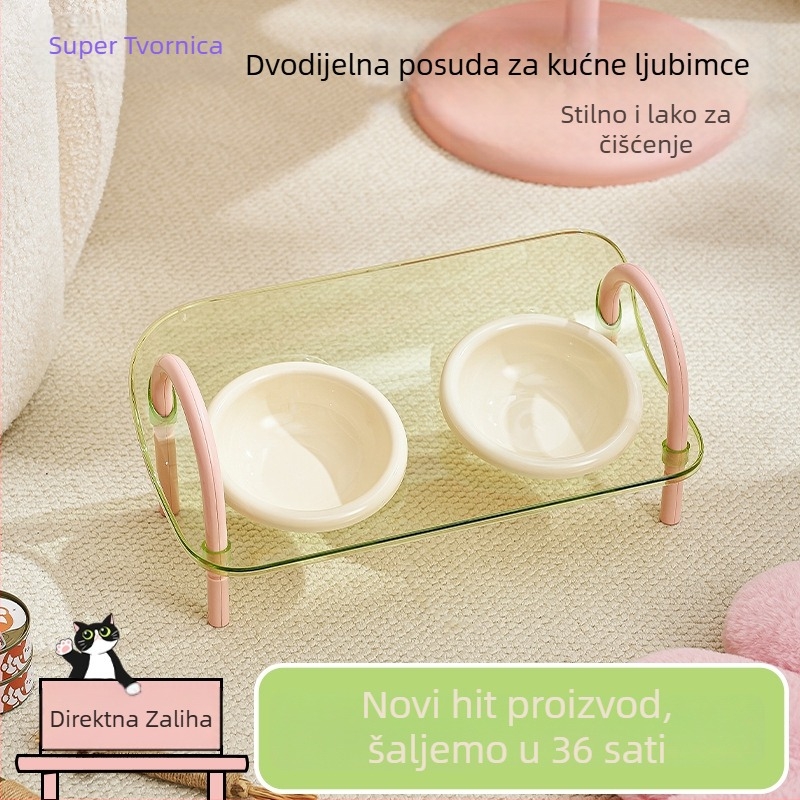 Stalak za posude za mačke s dvostrukim zdjelama, podrška vrata, protiv prevrtanja, plastični